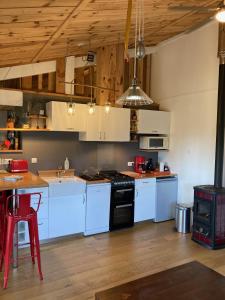 kuchnia z białymi urządzeniami i drewnianym sufitem w obiekcie Le Gîte de l'Aérogrange w mieście Biscarrosse