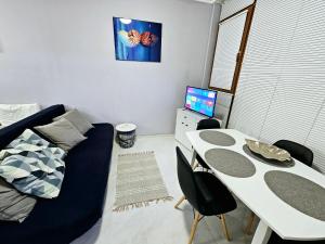 A television and/or entertainment centre at Studio Apartment with balcony 300m from beach