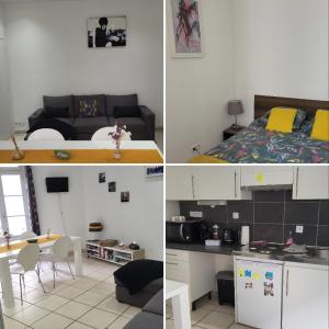 three pictures of a living room and a bedroom at Entre arènes et maison carrée P1 in Nîmes