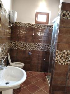 ein Bad mit einem WC, einem Waschbecken und einer Dusche in der Unterkunft Palazzo Laurice in Perdifumo