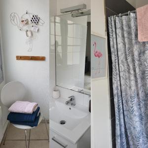 a bathroom with a sink and a shower curtain at Entre arènes et maison carrée P1 in Nîmes