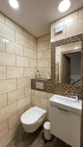ein Badezimmer mit einem WC, einem Waschbecken und einem Spiegel in der Unterkunft Namelis Preiloje 3 in Preila