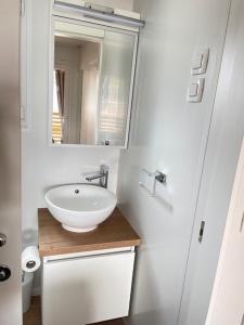 比奧格勒納莫魯的住宿－La Mer Mobil Home，浴室设有白色水槽和镜子
