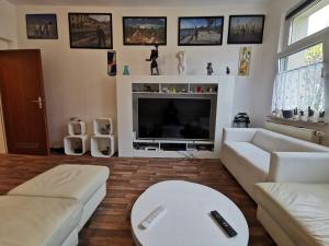 a living room with a couch and a television at NearWöhrderSeaAndStation in Nürnberg +10 photos