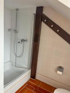 a bathroom with a shower with a glass shower stall at Gründerhaus in Dießen am Ammersee