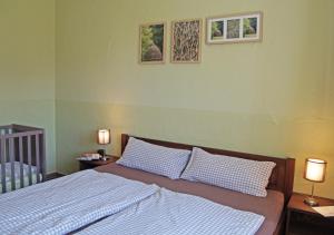 una camera con due letti e due lampade a muro di Ferienwohnungen am Roten Nil a Lübben