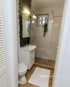 a bathroom with a toilet and a sink and a mirror at Confort Apartament in Ploieşti