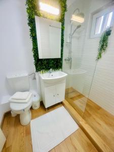 a bathroom with a toilet and a sink and a mirror at Confort Apartament in Ploieşti