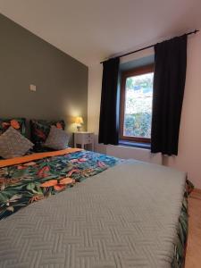 a bedroom with a large bed and a window at Panamá in Dinant