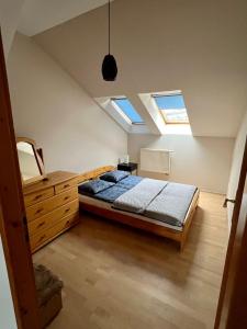 クラクフにあるSunnyvale Apartmentのベッドルーム1室(ベッド1台、天窓2つ付)