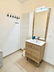 La salle de bains est pourvue d'un lavabo et d'un miroir. dans l'établissement T4 avec grande terrasse et parking privé, à Caen