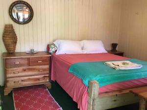 Schlafzimmer mit einem Bett, einer Kommode und einem Spiegel in der Unterkunft Charlie’s Place Zion Hill - close to Blue Lagoon in Port Antonio