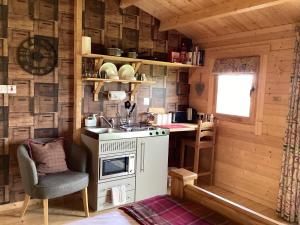 a kitchen with a stove and a chair in a cabin at Auchenlea lodges in Glasgow