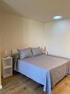 um quarto com uma cama com almofadas azuis em Rincón de picos em Cangas de Onís