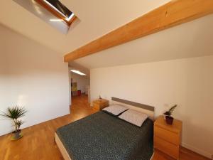 Schlafzimmer mit einem Bett und Holzboden in der Unterkunft Maison à Tosse avec vue sur la nature in Tosse