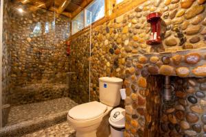 y baño de piedra con aseo y ducha. en Jardin de los Silleteros Agro Parque Hotel, en Santa Elena