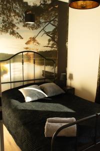 a bedroom with a black bed with a painting on the wall at Mazury domek nad jeziorem z jacuzzi in Szczytno