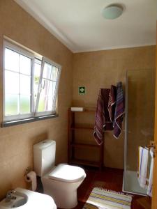 baño con aseo y lavabo y ventana en Azorean Cottage São Jorge, en Urzelina