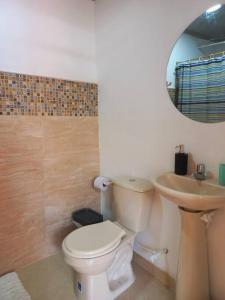 ein Badezimmer mit einem WC, einem Waschbecken und einem Spiegel in der Unterkunft Casa típica Salamineña in Salamina