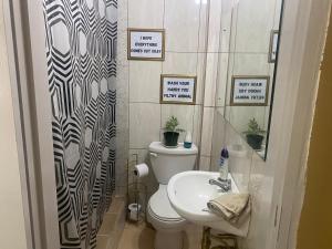 bagno con servizi igienici bianchi e lavandino di Cozy Quarters Tobago a Scarborough