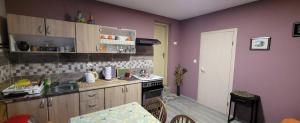 a kitchen with purple walls and a kitchen with a table at Pri Đovetu in Ðurđevac