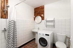 une salle de bains avec lave-linge et toilettes dans l'établissement Le Pied à Terre de la Cité - Parking au Pied de la Cité, à Carcassonne 7 autres photos