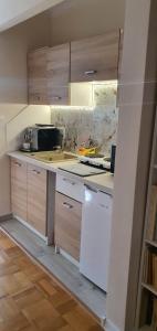 a kitchen with wooden cabinets and a white refrigerator at Willa 118 in Ciechocinek