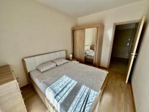 een slaapkamer met een groot bed en een spiegel bij Apartmants City Love in Podgorica