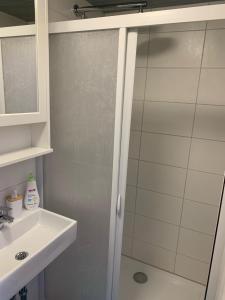 uma casa de banho com um chuveiro e um lavatório. em Ferienhaus Spielburg em Altötting