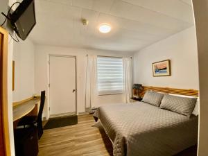 a bedroom with a bed and a desk and a television at L`Escale Lam-Air in Rivière-au-Tonnerre