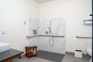 een badkamer met een douche en een wastafel bij The Inn at 515 15th in Astoria, Oregon