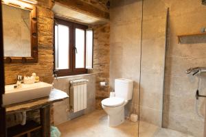 ein Bad mit einem WC, einem Waschbecken und einer Dusche in der Unterkunft CASA GRANDE VILAR in Vilar