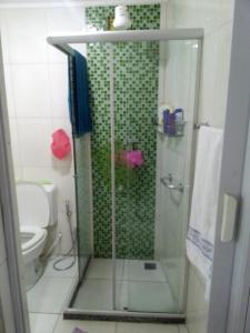 uma casa de banho com uma cabina de duche em vidro e um WC. em Quartos Prox Engenhão e Norte Shopping no Rio de Janeiro