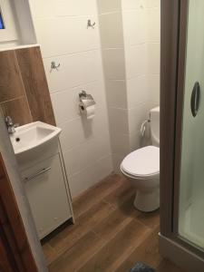 łazienka z toaletą i umywalką w obiekcie Domek całoroczny w Brennie