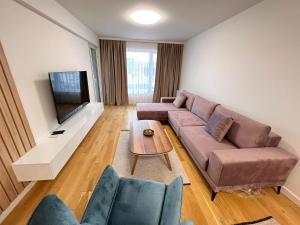 a living room with a couch and a tv at River Walk Sarajevo - Layan Apartment in Sarajevo