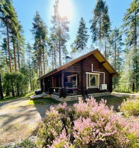 una cabaña de madera en el bosque con árboles en Mökki järven rannalla mäntymetsässä en Forssa
