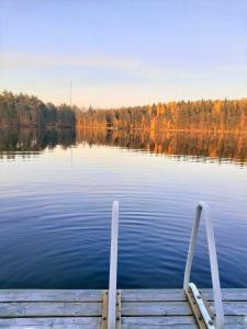 un banco sentado en un muelle en un lago en Mökki järven rannalla mäntymetsässä en Forssa