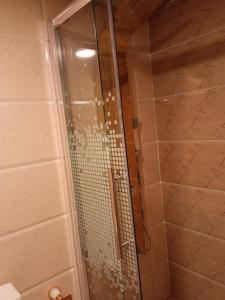 W łazience znajduje się prysznic ze szklanymi drzwiami. w obiekcie Bubbles Oasis Camp Wadi Rum w mieście Wadi Rum