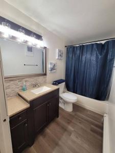 a bathroom with a sink and a toilet with a blue shower curtain at Newly Remodeled Relaxing Stay near Downtown in Fairbanks