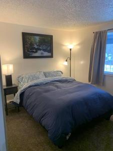 a bedroom with a blue bed and a window at Newly Remodeled Relaxing Stay near Downtown in Fairbanks