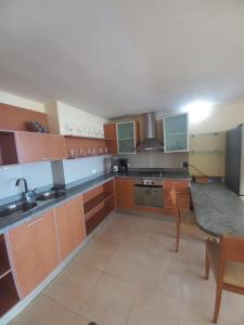 a large kitchen with wooden cabinets and a counter top at Beach View Palace in Porlamar