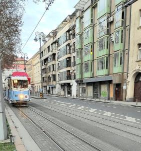 een tram op een stadsstraat met gebouwen bij Ozzy Cozy in Zagreb
