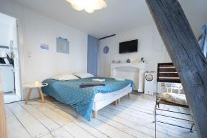 - une chambre avec un lit et une couette bleue dans l'établissement Les Cieux de la Cathédrale - Calme - Jardin - Wifi, à Troyes
