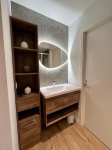 ein Bad mit einem Waschbecken und einem Spiegel in der Unterkunft Superbe studio avec accès mer. in Le Pradet