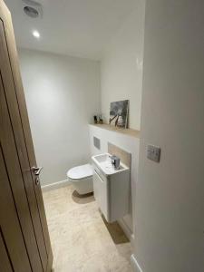 een witte badkamer met een toilet en een wastafel bij The Old Shippon, Barbon in Barbon