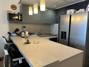 a kitchen with a counter and a refrigerator at Studio à Monaco Fontvieille in Monte Carlo