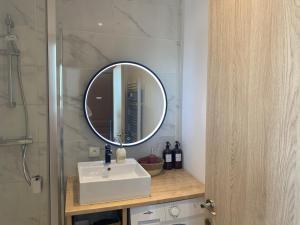 ein Bad mit einem Waschbecken und einem Spiegel in der Unterkunft Studio le Monroe les pieds dans l'eau 10 m de la mer in La Seyne-sur-Mer