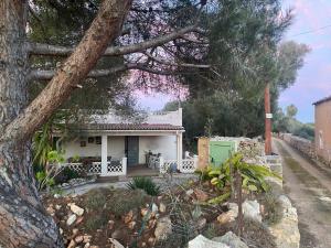 a small white house with a green door at Finca Casa Farah in Ses Salines