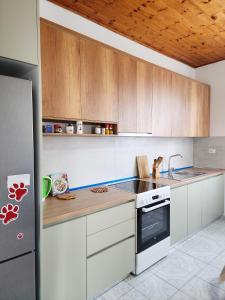 uma cozinha com armários de madeira e um forno com placa de fogão em Mia Guest House - Entire home with balcony & garden em Divjakë