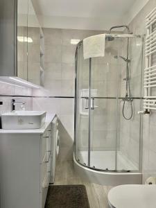 un bagno bianco con doccia e lavandino di Apartamenty Planeta - Koszalin a Koszalin